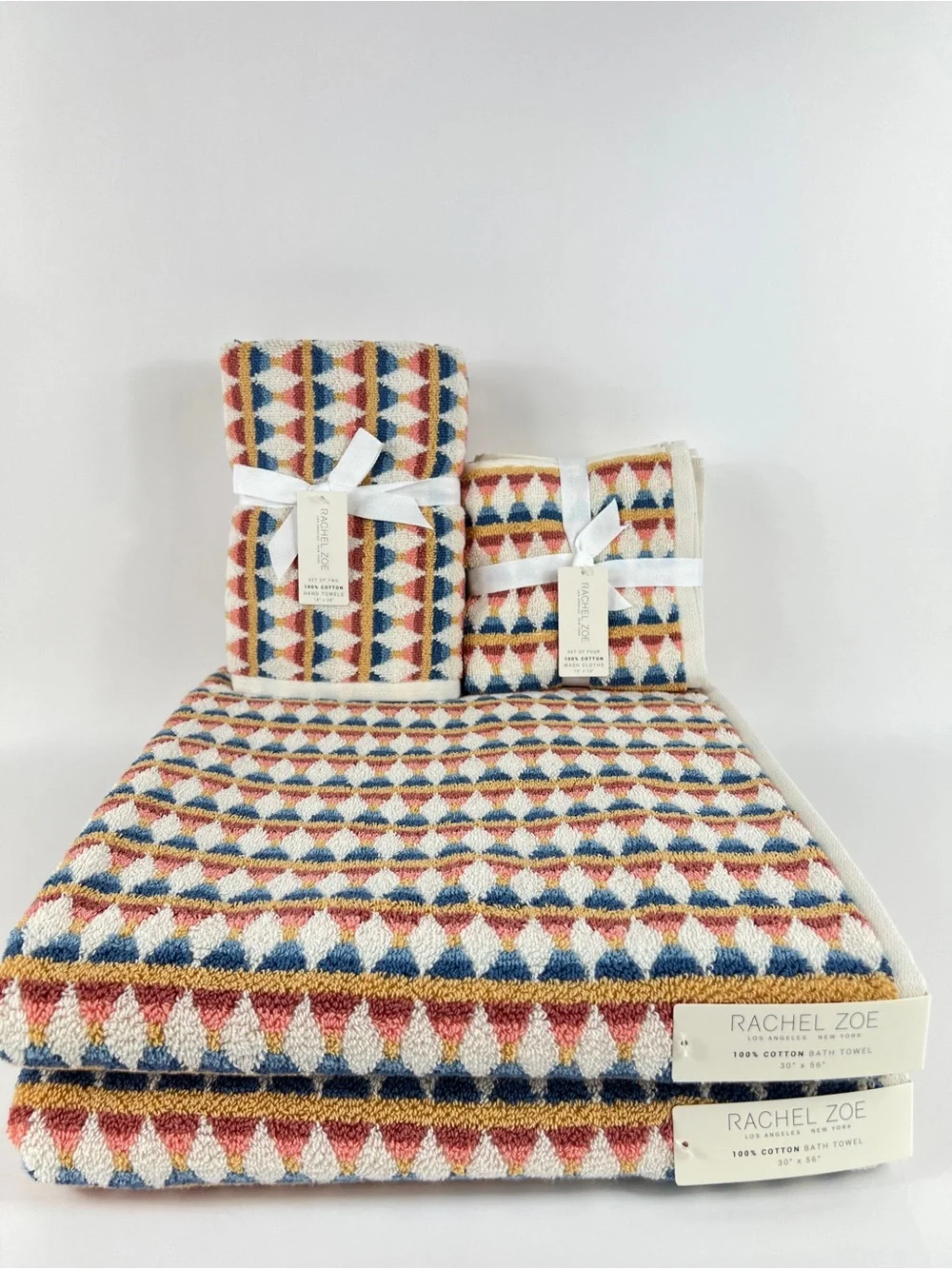 Rachel Zoe Geometric Bath Towel Set Blue Rust Cream 100% Cotton 8 Pc NEW